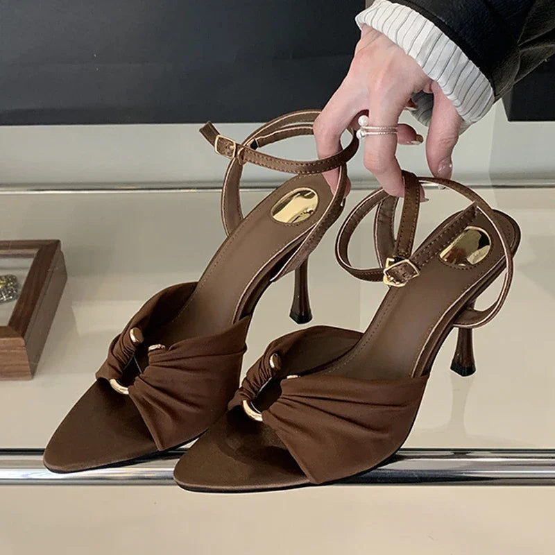Comfort Hollow Out Metal Buckle Decoration Sandals Satin Ankle Strap Heels Pointed Toe Party Designer Shoes