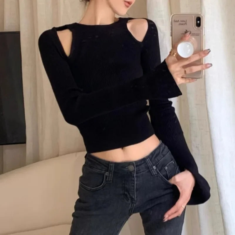 Strapless Hollow Longsleeved Sweater Spring New High Street Oneck Color All Match Knitted Tops