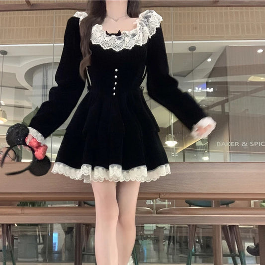 Y2k Dress Aesthetic Clothes Lace Trim Scoop Neck Long Sleeve a Line Mini Dress Velvet Party Dresses