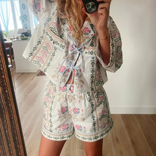 2 Piece Oufits Indie Graphic Print Front Tie Up Bowknot Full Sleeve Blouse T-shirt + Shorts Fairy Cottage Y2k