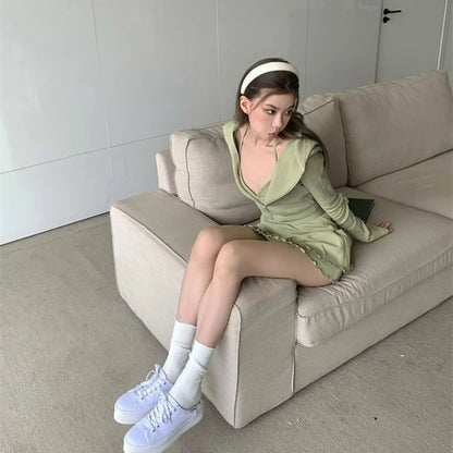 Y2k Autumn New Sling Neck With Small Strap Tank Top Hooded Coat Skirt 3 Piece Set