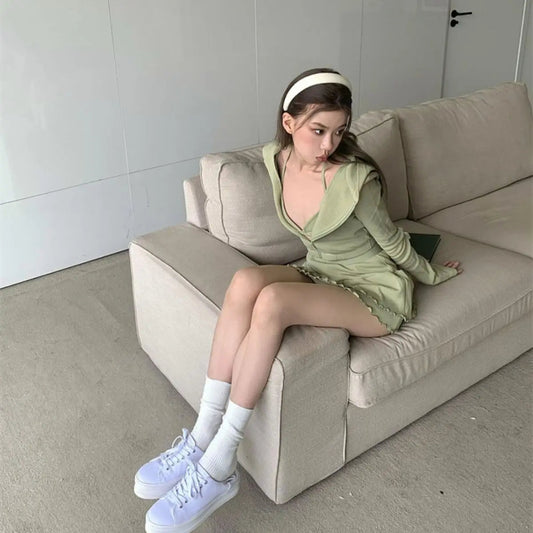 Y2k Autumn New Sling Neck With Small Strap Tank Top Hooded Coat Skirt 3 Piece Set