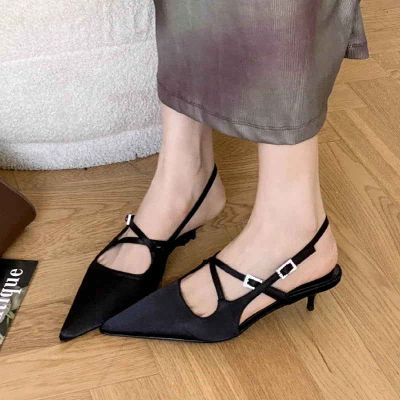 Silk Designer High Heeled Sandals Narrow Band Shallow Low Heel Office Shoes Female Pointed Toe Pumps Brand Slingback