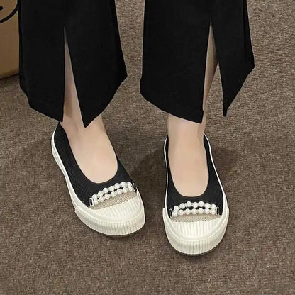 Shallow Mouth Round Head Single Shoes Spring Autumn New Woven Pearl Bow Thick Soled Low Comfort Loafer Shoe