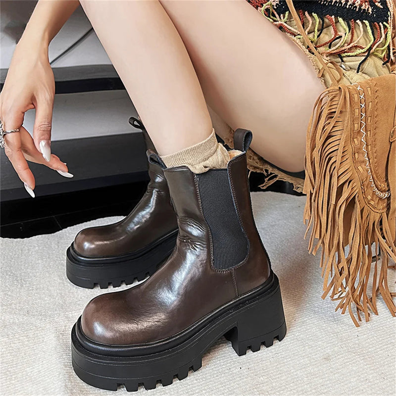 Platforms Ankle Boots Genuine Leather Thick Sole Ankle Female Punk Motorcycle Shoes Combat Booties