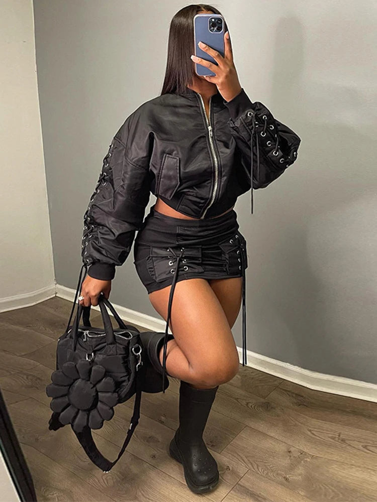Bandage Skirts Suit for Zipper Slim Lace Up Cardigan Femme Mini Skirt 2 Piece Sets Outfits
