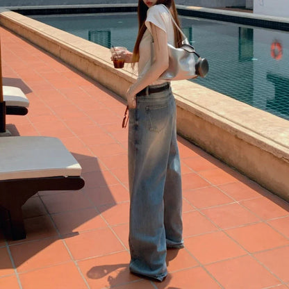 Washed Distressed Jeans Summer New Korean High Waist Loose Denim Wide Leg Pants