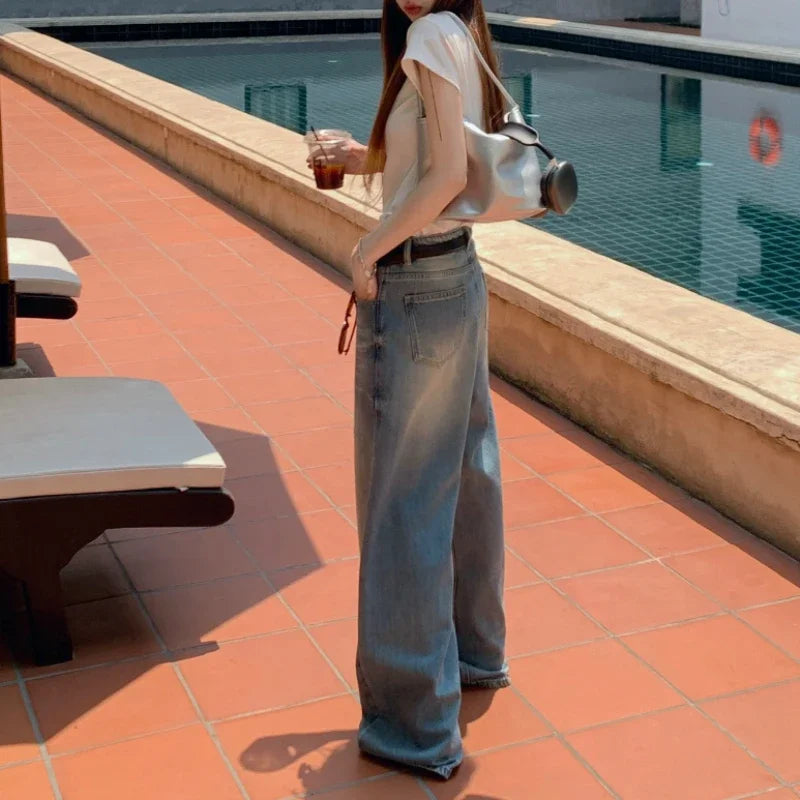 Washed Distressed Jeans Summer New Korean High Waist Loose Denim Wide Leg Pants