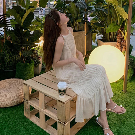 Sleeveless Chiffon Dress Round Neck Aline Shape Striped Slim Long Dress Daywear Color Female Summer