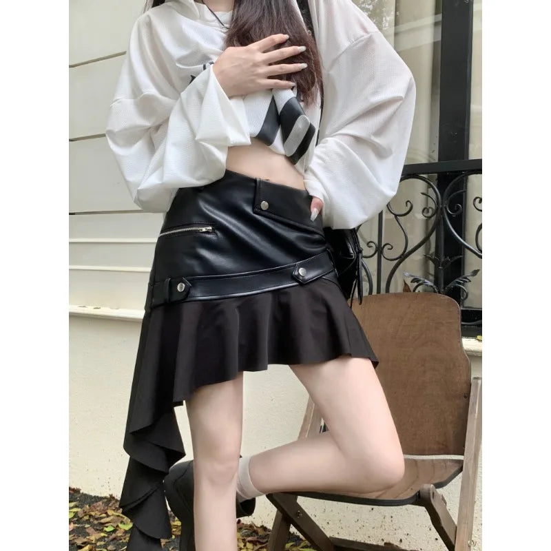 Faux Leather Splicing Pleated Mini Skirt Autumn New Color Asymmetric Aline Skirt