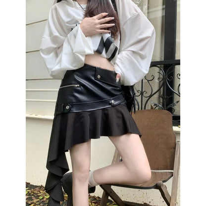 Faux Leather Splicing Pleated Mini Skirt Autumn New Color Asymmetric Aline Skirt