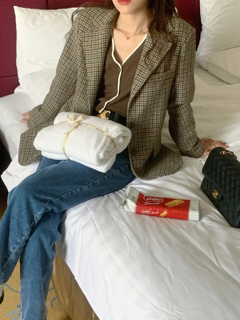 Wool Blends Coats Plaid Woolen Jacket Commute Blazer Korean Long Sleeve Outerwears Winter Overcoat