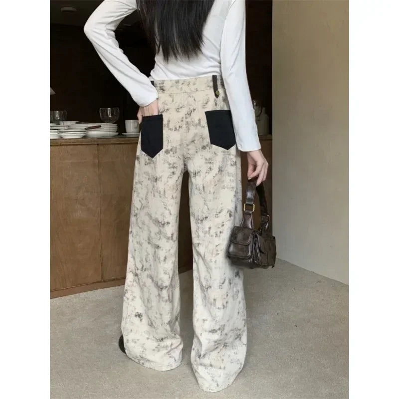 Contrast Color Patchwork Wide Leg Pants Autumn New Korean High Waist Allmatch Tiedye Loose Jeans