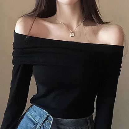 Off Shoulder T-shirts Long Sleeve Shirts Cropped Tops Clubwear Skew Collar Warm Pullovers