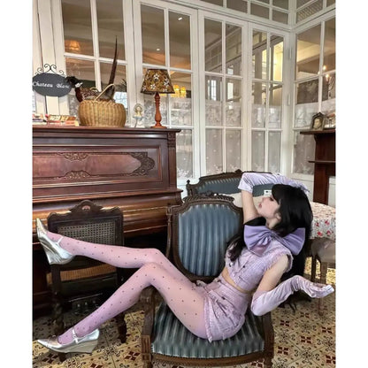Purple Polka Dot Silk Socks Y2k Stockings Spring/summer Thin Thigh High Socks Transparency Black Tights Pantyhose