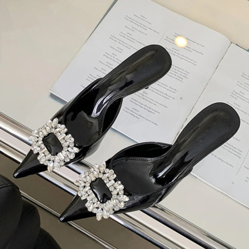 New Crystal Thin Heels Mules Slippers Pointed Toe Banquet Party Prom Shoes
