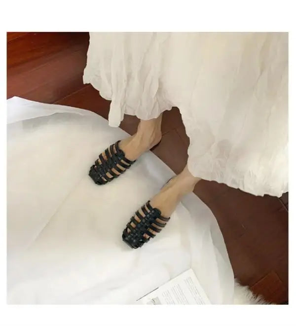 Shoes Slippers Soft Slides Slipers Cover Toe Low Loafers Fretwork Heels Comfort Flat Basic Fabric Rubber Cane Pu