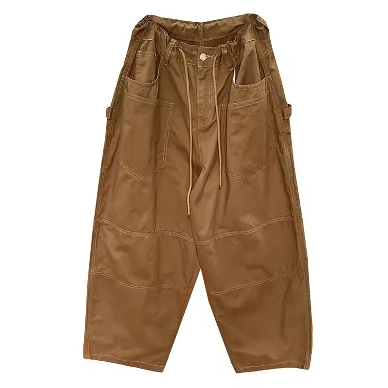 Plain Spliced Wide Leg Cargo Pants Big Pockets Drawstring Low Waist Loose Draped Sweatpants Lounge