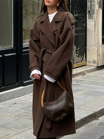 Lapel Long Coats With Belt Lace Up Double Breasted Full Sleeve Overcoat Autumn Winter New Lady