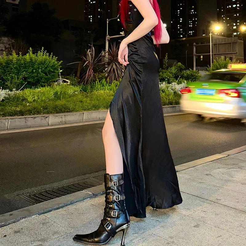 Punk Mid Calf Boots Pointed Toe Metal Stiletto Heels Belt Buckle Detail Lace Up Rubber Sole Cowboy Cool Girl Shoes