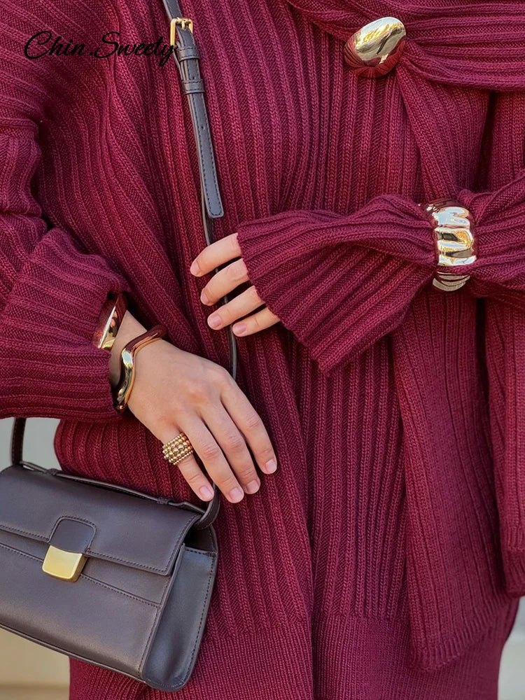 Lazy Loose Knit Burgundy Red Pant Set With Scarf Long Sleeve V-neck Jumper Wide Leg Full-length Pants Suit Lady Outfits