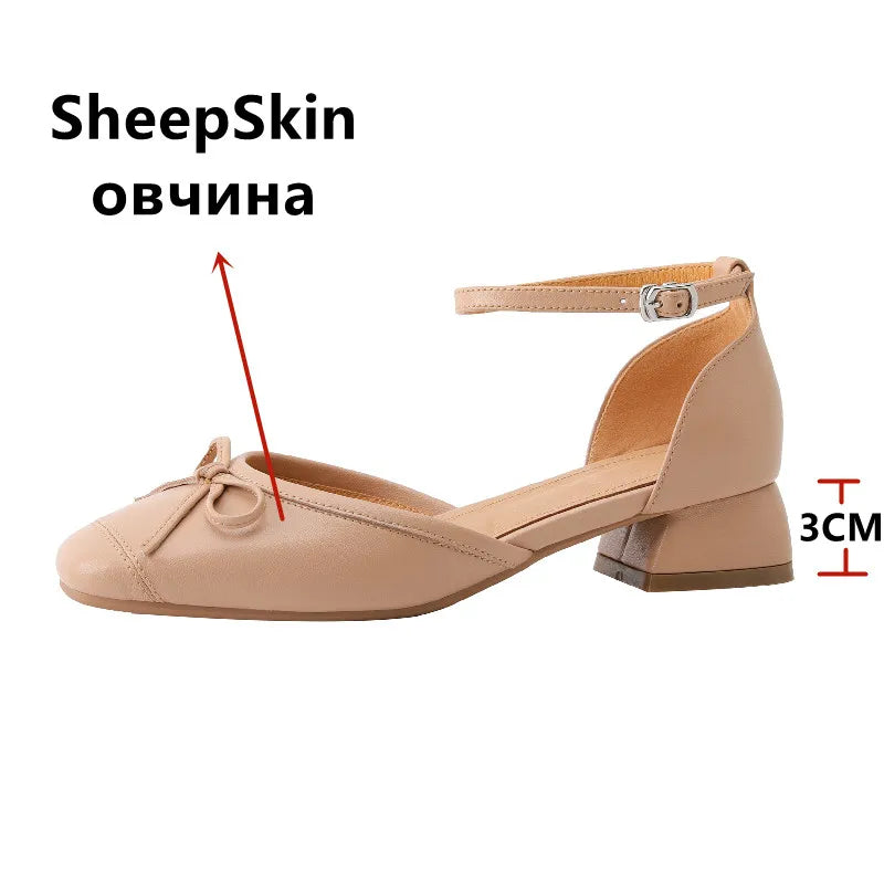 Pumps Spring Summer Sweet Retro Butterfly Knot Genuine Leather Thick Heels Ankle Strap Shoes Woman Party Wedding