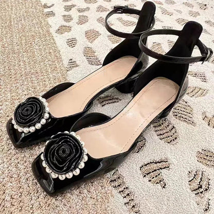 Pearl Flower Mary Jane Shoes High Heels Block Heel Square Toe Spring/summer New Patent Leather Square Buckle Singles