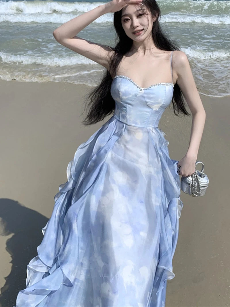 New Summer Long Dresses for Spaghetti Strap Korean A-line Ruffles Beach Style Party Dress One Piece Vestido Mujer