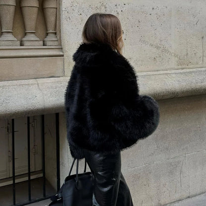 Street Shawl Collar Faux Fox Fur Coat Winter Cool Black Short Fur Jacket Overcoat