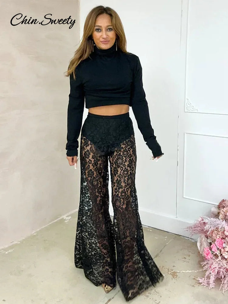 Lace Sheer Flare Pant Hollow Out Lady Vacation Long Trousers Female Spring Elastic High Waist New