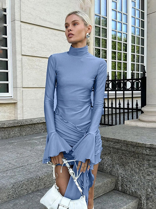 Autumn New Flare Sleeve Bodycon Dress for Edible Tree Fungus Irregular Splice Gown Mini Dresses Color