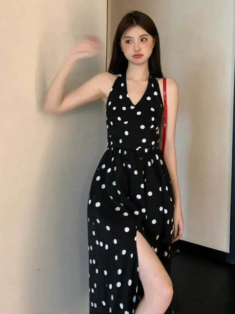 Black Dot Club Pleated Split Long Dresses Sleeveless Halter V Neck Bow Laceup Dress Summer Backless Party Sundress