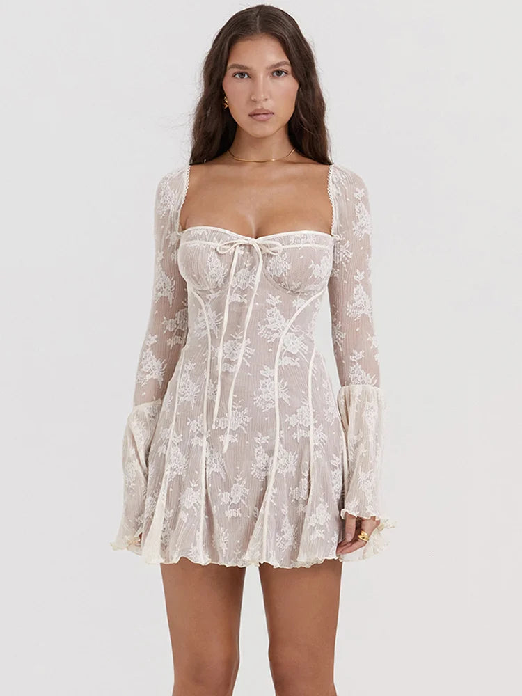 Print Mini Dress for Autumn Winter New Square Collar Long Sleeve Backless Loose Club Party Dress
