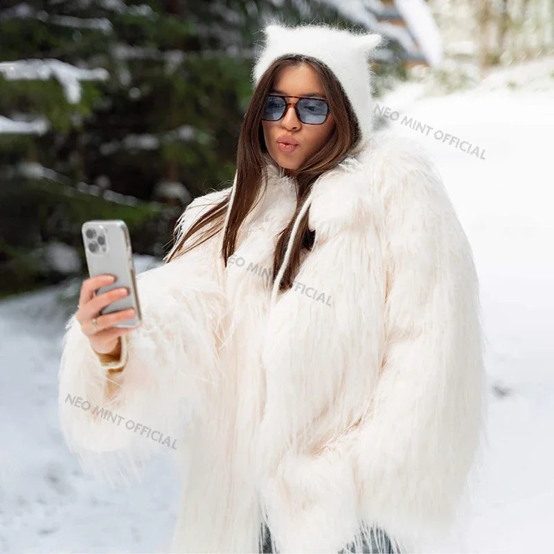 Winter Furry Faux Fur Coat Long Brand Tassels Fluffy Fur Jacket Female Super Warm Overcoat
