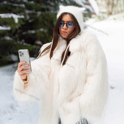 Winter Furry Faux Fur Coat Long Brand Tassels Fluffy Fur Jacket Female Super Warm Overcoat