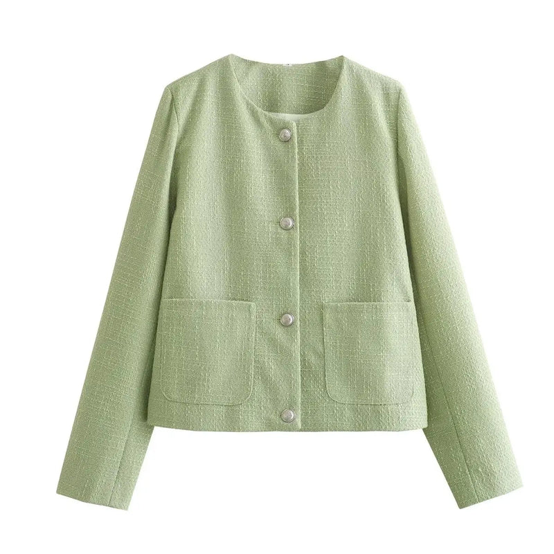 Autumn Patchwork Cardigan Sweater Scoop Neck for Pocket High Waist Outwear Female Coat