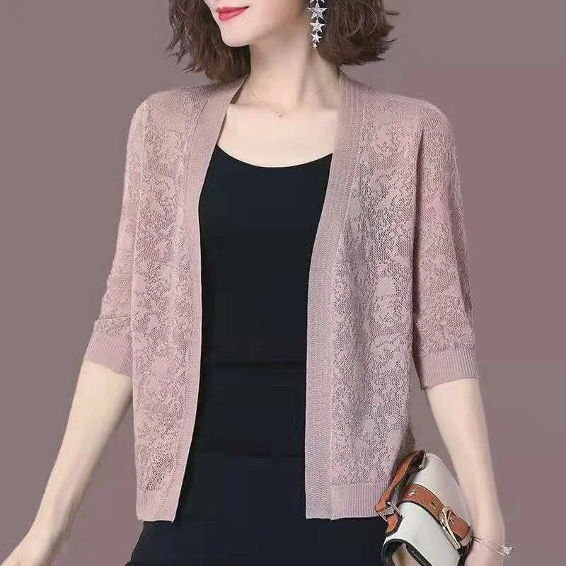 Summer Oversized Knit Cardigan Jackets Half Sleeve Lace Knitwears Coats Korean Hollow Out Sunscreen Tops
