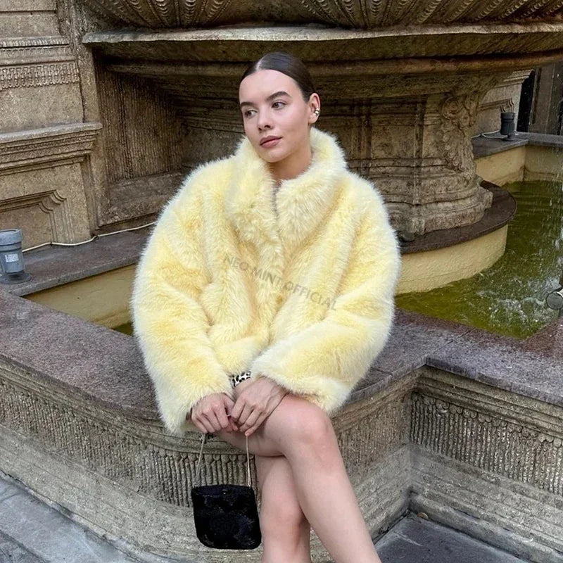 Winter Yellow Faux Fur Jacket Thicken Warm Stand Collar Fox Fur Coat Outerwear