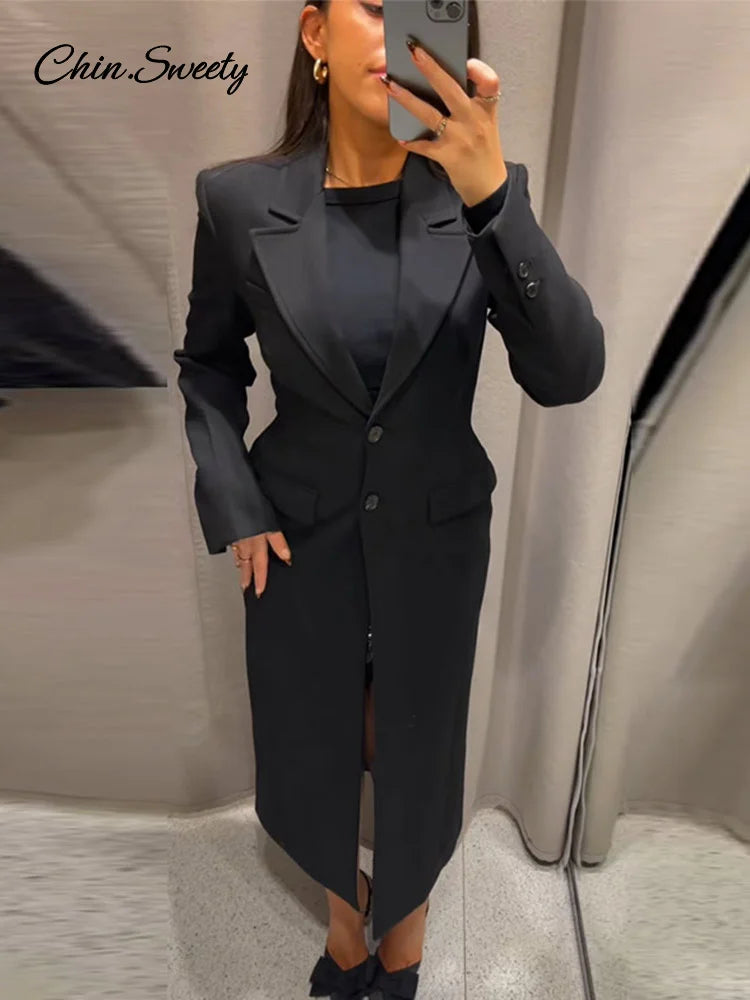 Lapel Black Long Overcoat Slim High Waist Full Sleeve Single Breasted Shoulder Pad Coat New Spring Commute Outwear