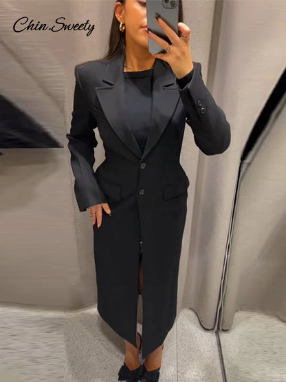Lapel Black Long Overcoat Slim High Waist Full Sleeve Single Breasted Shoulder Pad Coat New Spring Commute Outwear