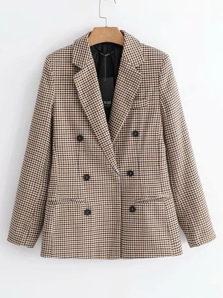 Autumn Plaid Blazer for Office Outfits New in Jacket Double Breasted Coat Oversized Blazer De Mujer