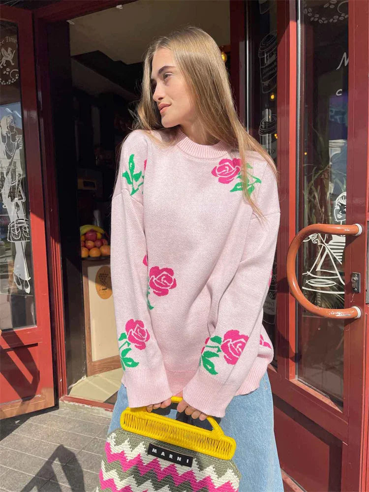 Autumn Knit Sweater Pullover ’s Printed Long Sleeve High Waist Ribbed Loose Knitwear Top Female Sweater