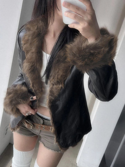 S Autumn New Clothes ��s Leather Coat Long Sleeve Spliced Faux Trim Button Slim Fit Coat