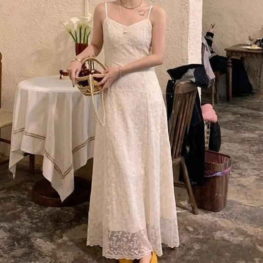 White Lace Long Dresses Aline Spring Summer Korean Dress V Neck Sweet Vestidos Mujer