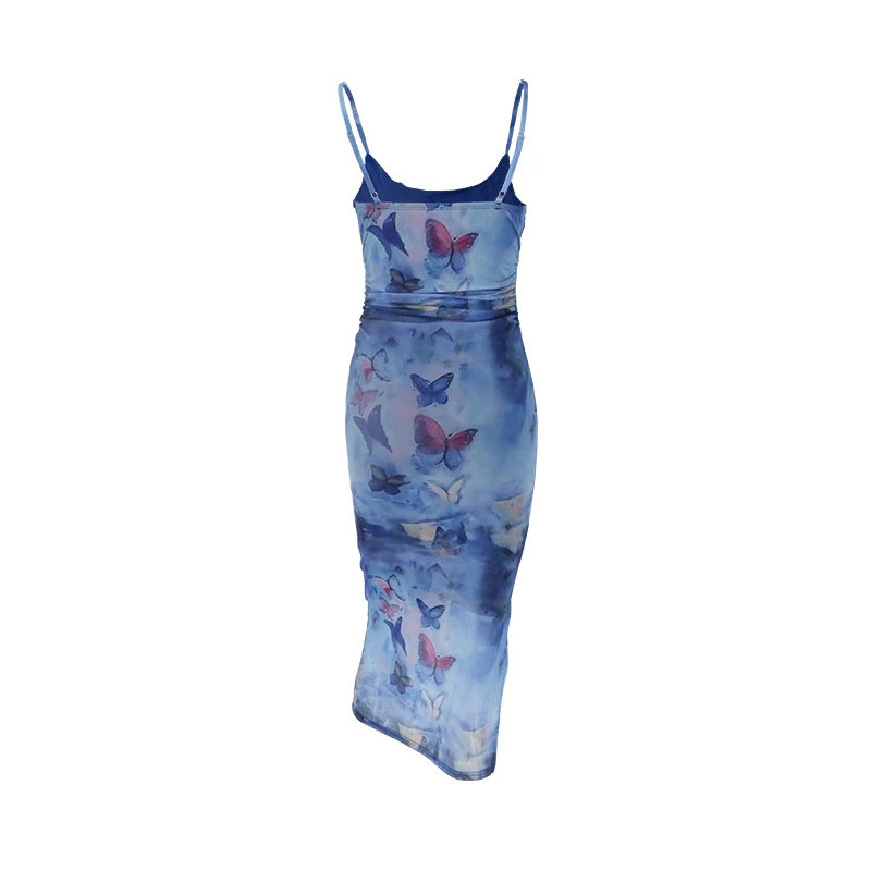 Summer Maxi Dress Preppy Style Butterfly Print Sleeveless Strap Dresses Clubwear Party Dresses