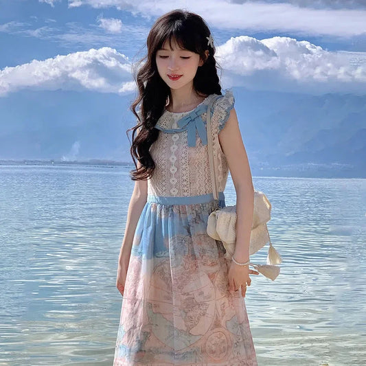 Sweet Oil Painting Style Dress for Summer New Atmosphere Bow Lace Round Neck Aline Party Long Dresses
