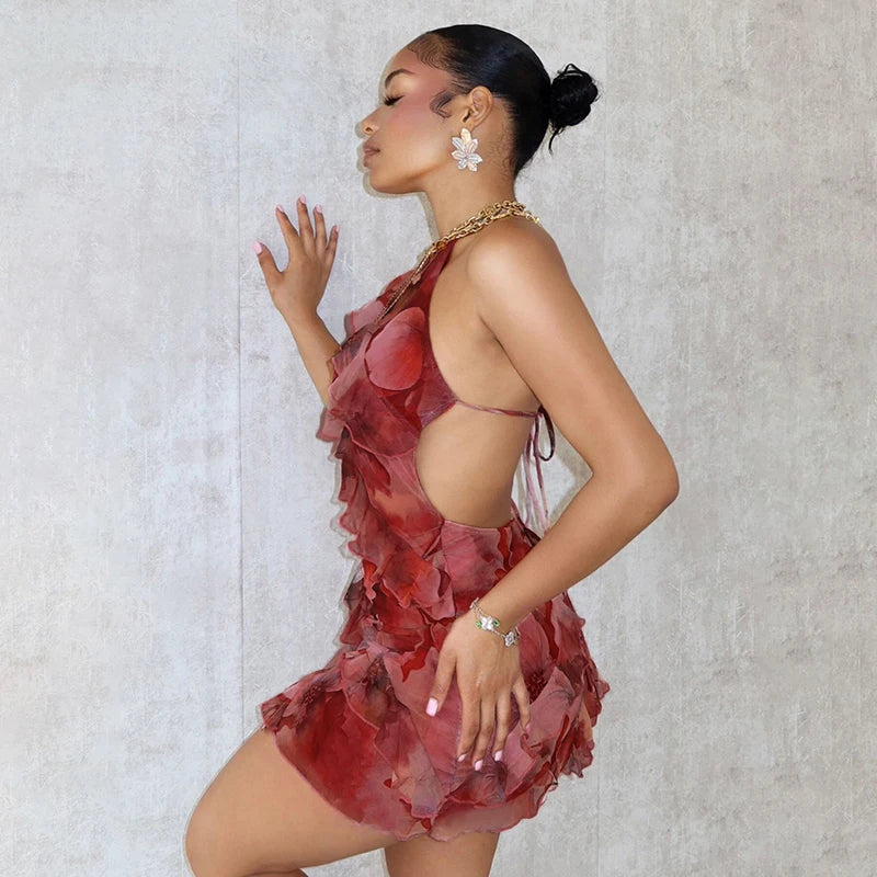 Ruffle Halter Backless Mini Dress