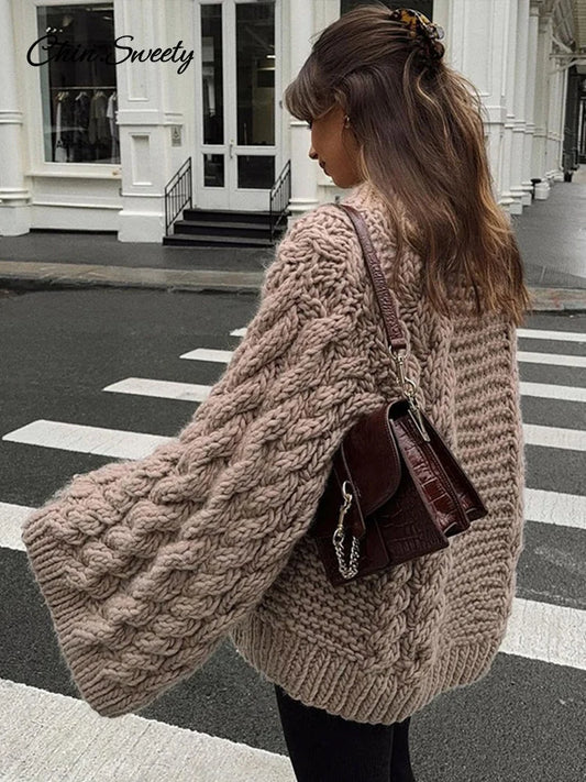 Knit Oversize High Neck Jumper Sweater Lazy Round Neck Ribbed Pullover Female Autumn Winter Thick Warm Lady Knitwear