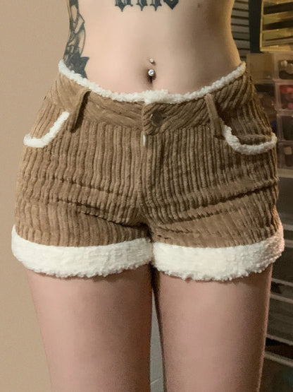 Autumn New ��s Corduroy Short Simple All-match Faux Fur Trim Spliced Design Short Pants