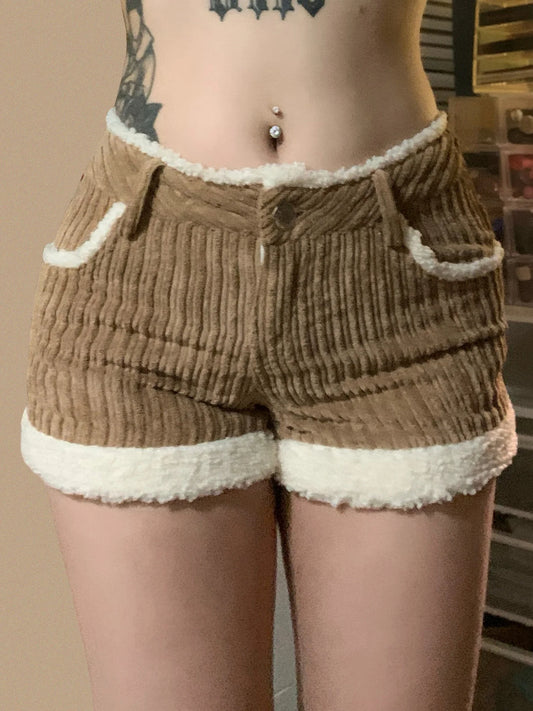 Autumn New ��s Corduroy Short Simple All-match Faux Fur Trim Spliced Design Short Pants